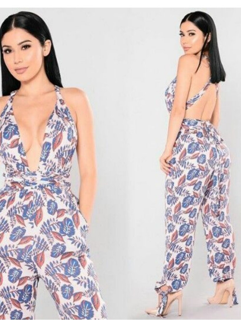 Hommage From Los Angeles Floral Leaf Print Halter Jumpsuit in Blue & Cream Small
